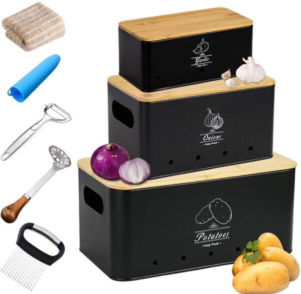 Onion Garlic Storage Bins Set with 5-in-1 Kitchen Prep Tools | Stackable vegetable bins save counter space; Ventilated design keeps root veggies fresh. Free 5-in-1 kitchen prep tool kit.