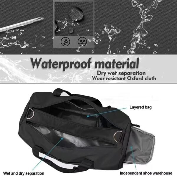 Gym Bag Waterproof - Carry On Duffle Bag for Women Men, Sports Bag with Shoe Compartment & Wet Pocket, Lightweight Travel Duffle for Workout, Weekend Away, Yoga, Football (Black)