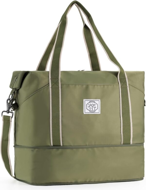 Travel Duffle Bag, Carry On Bag for Women Men, Foldable Overnight Weekender Duffel Bags, Large Gym Tote Bag with Metal Buckle Detachable Shoulder Strap and Wet Compartment, Army Green