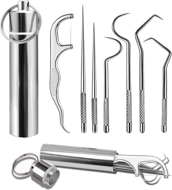 7Pcs Portable Stainless Steel Toothpicks Pocket Set, Reusable Metal Toothpicks Cleaning Kit with Holder for Outdoor Picnic Camping Travel