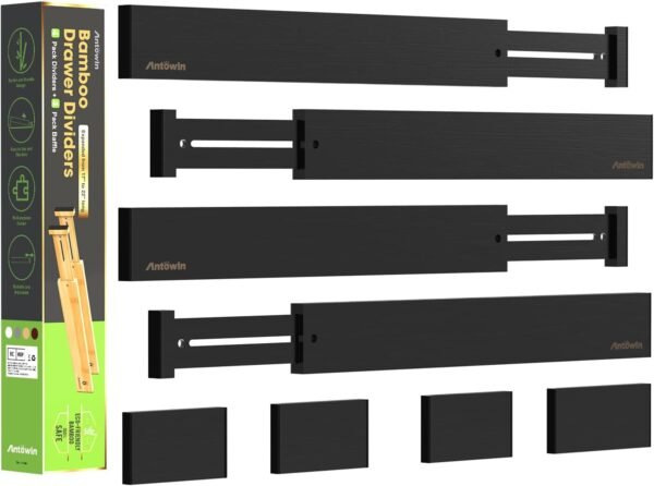 Bamboo Drawer Dividers Organizers, Drawer Separators Splitter, 43-56cm Long Adjustable Spring-loaded Organizer for Large Utensil, Clothes, Tools Drawers (Black)