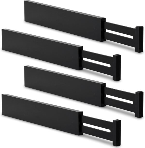 4pcs Black Kitchen Drawer Dividers, Adjustable Drawer Organizers | Bamboo Drawer Seprator, Spring Loaded, Works in Kitchen, Dresser, Bathroom, Bedroom
