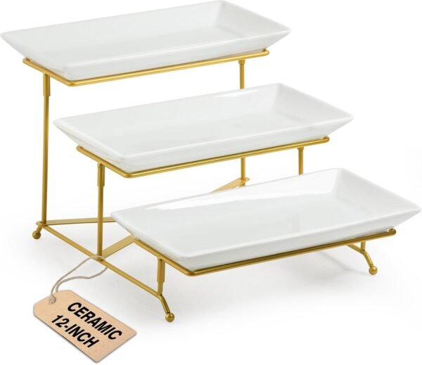 3 Tier Serving Stand with Porcelain Serving Platter Tier Serving Trays with Collapsible Sturdier Rack, Serving Dishes and Platters, Gold, 12 Inch