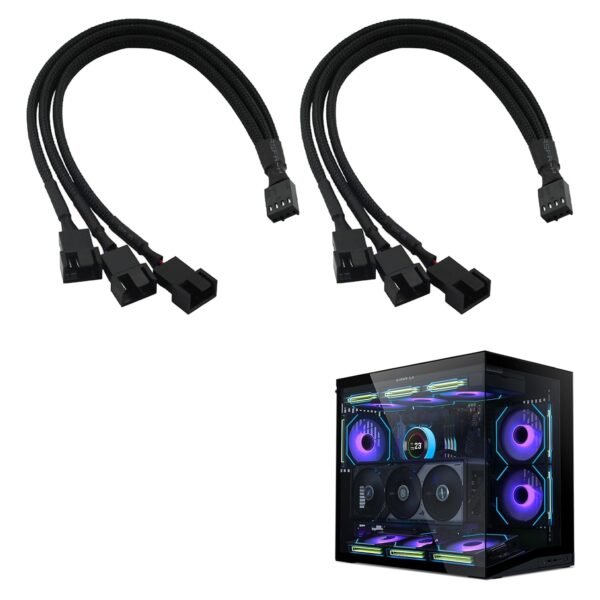 2Pack 3Way 4Pin PWM Fan Splitter Cables. Connect and Efficiently Control Up to 3 Case Fans with270cm Black Sleeved Cables. Universal Compatibility for Quiet and Stable Operation