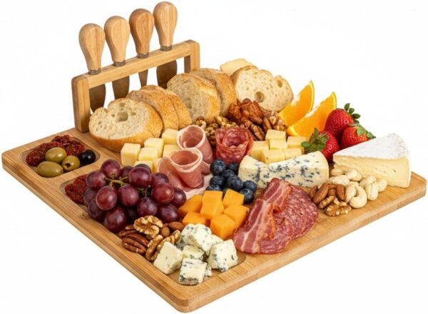 Board and Knife Set - 14” x 11” Bamboo Wood Charcuterie Board & Board Accessories - Kitchen Wine & Meat Serving Platter - Unique Gifts, Housewarming, Wedding Gift