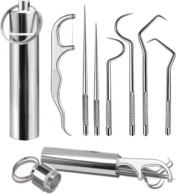 7Pcs 2 Set Portable Stainless Steel Toothpicks Pocket Set with Floss Picks & Case, Reusable Metal Dental Pick and Cleaner Tool for Travel, Camping and Daily Use - Kivano