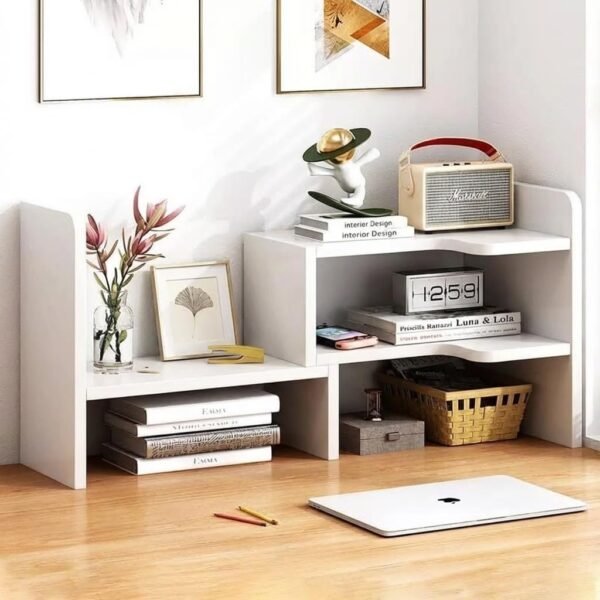 Desktop Bookshelf Desk Storage Organizer Adjustable Wood Bookcase Desktop Display Shelf Stand Rack with Cabinet Office Supplies (White, Without Door)