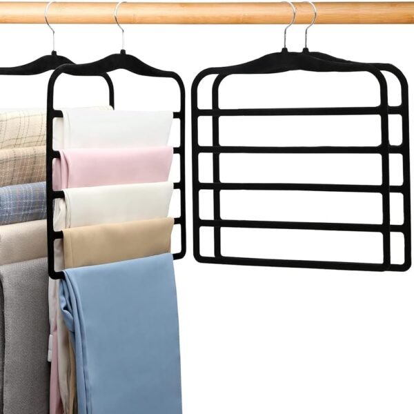 2 Pack Multi Layer Closet Organizers and Storage, Velvet Trouser Hangers, Non-Slip Scarf Jeans Organizer, Dorm Room Essentials for College Students Girls Boys Guys(Black) (5-Large)
