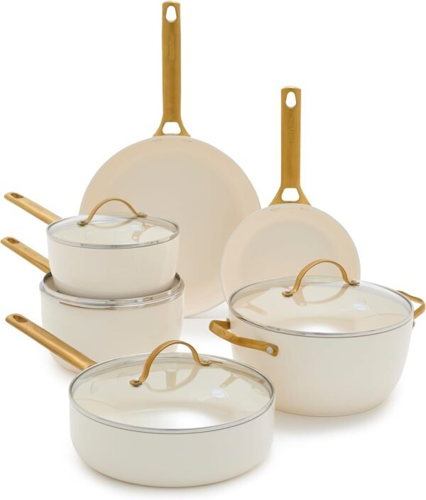 Healthy Ceramic Nonstick 10pc Cookware Pots and Pans Set, Induction Safe, Cream White