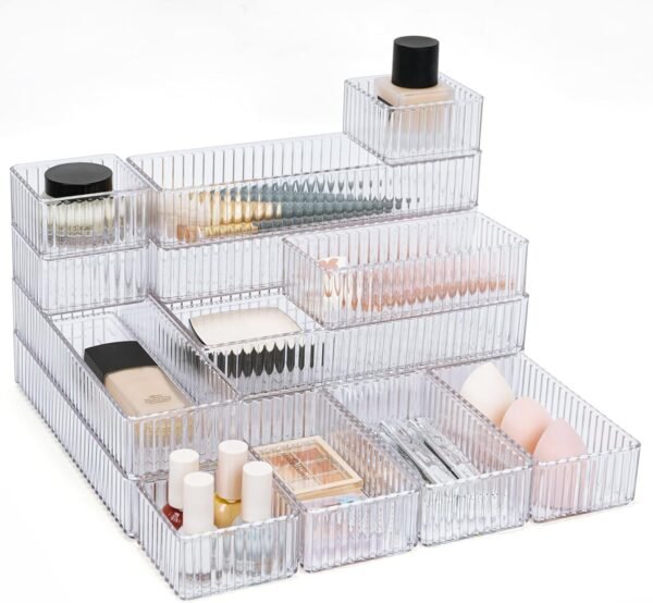 14 PCS Clear Drawer Organizers Bins, 4-Size Makeup Drawer Organizer Trays | Stackable, Non-slip, Thickened Plastic, Desk Drawer Storage Containers for Kitchen Bathroom Office