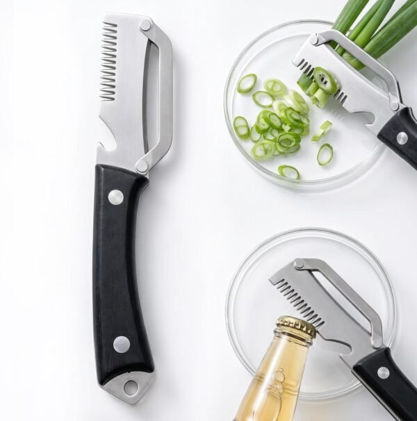 Multifunctional Vegetable Peeler, Stainless Steel Blade, Black Handle, Kitchen Prep Tool, Bottle Opener and Scallion Slicer