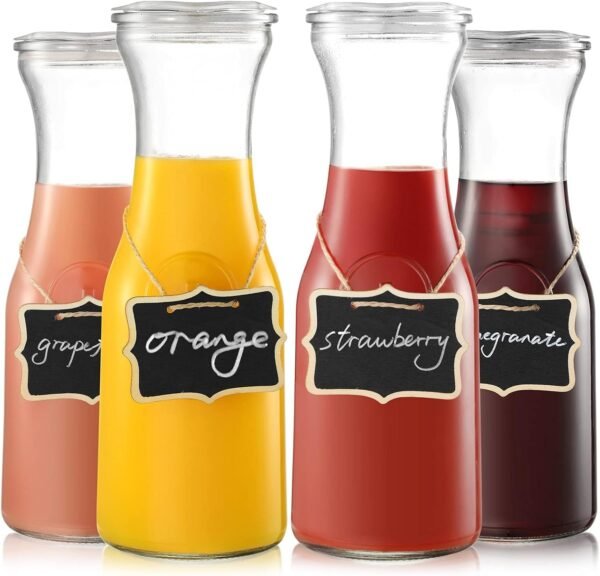 Set of 4 Glass Carafe with Lid, 1 Liter Beverage Serveware Carafe, Clear Glass Pitcher for Mimosa Bar, Brunch, Cold Water, Juice, Milk, Iced Tea, Lemonade