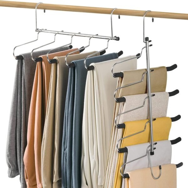 Pants Hangers Space Saving with 5 Layers Closet Organizer Pants Rack Holder, Non Slip Closet Hangers for Pants Jeans Scarf Trousers Scarves Ties (2 Pack)
