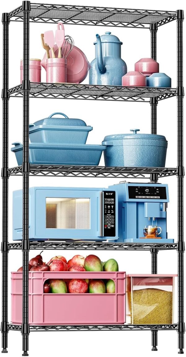 5 Tier Black Metal Storage Shelves, Heavy Duty Wire Shelving Rack for Garage, Kitchen, Bathroom, or Laundry Organization, 567 kg Capacity, 35L x 90W x 175H cm