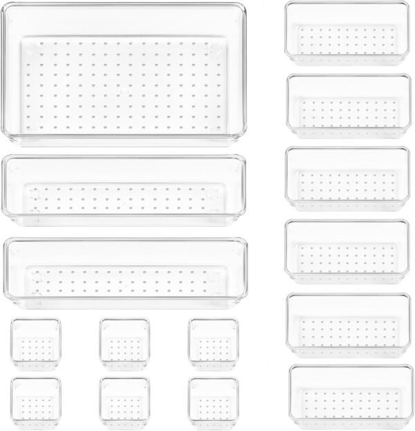 15 PCS Plastic Clear Drawer Organiser for Makeup, 4 Sizes | Acrylic Desk Drawer Organisers with Silicone Pads, Organization and Storage for Office, Cabinet, kitchen, Bedroom