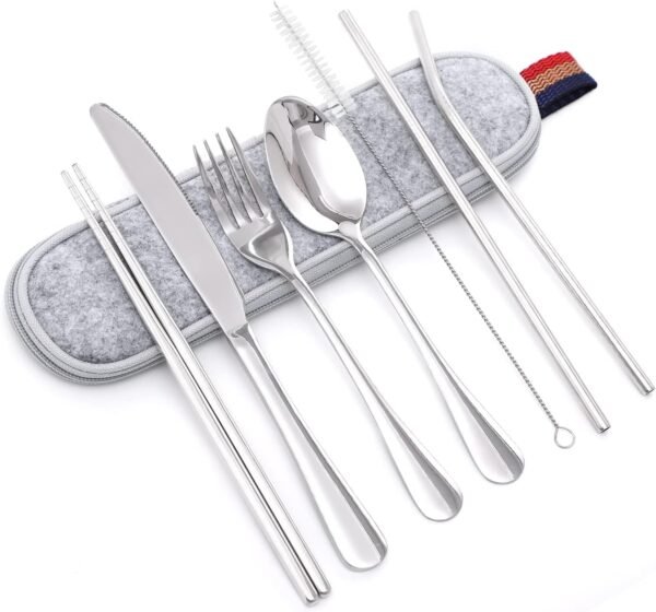 Set, JR INTL Portable Stainless Steel Flatware Set, Travel Camping Set, Portable Utensil Travel Silverware Dinnerware Set (Silver)