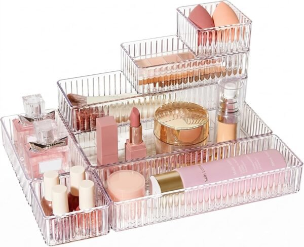 7 PCS Clear Drawer Organiser Bins, 4-Size Makeup Drawer Organiser | Acrylic, Stackable, Anti-Slip, Desk Drawer Organiser Trays for Cosmetics, Stationery, Desk, Bathroom and Bedroom
