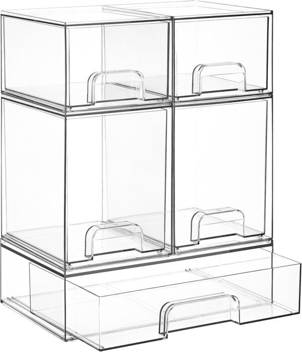 Clear Plastic Stackable Storage Drawers Set of 5 | Organiser Bins for Baby Bottle, Beauty Supplies Storage, Ideal for Kichen Countertop, Vanity, Bathroom, Cabinet, Pantry