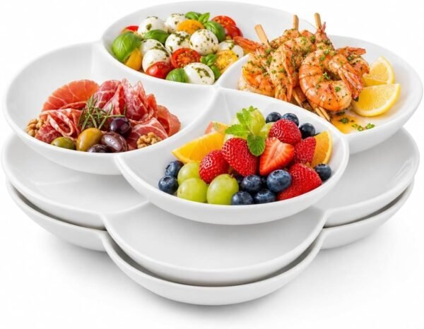 Set of 3 Porcelain Appetizer Platter with 4 Compartment, Flower-Shaped Candy and Nut Serving Tray Snack Serving Plate Dishes for Vegetables