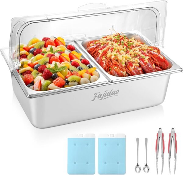 Ice Food Serving Display Container, Spice Display Salad Dressing Cooler, Stainless Steel Food Serving Tray Buffet Condiment Dispenser with Clear Roll Top Cover, Clamps, Spoons, Ice Packs