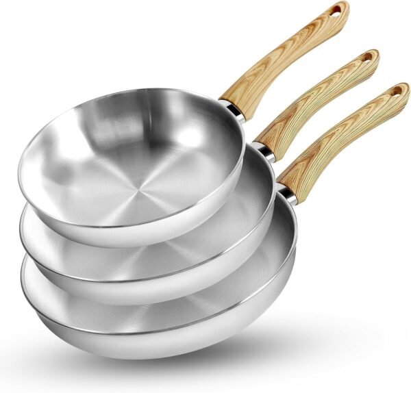3 Piece Stainless Steel Frying Pan Set, 20/26/30cm Skillets with Tri-Ply Base, Heat-Resistant Bakelite Handles, Induction Compatible, Dishwasher Safe, No Lids