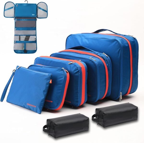 Nesting Waterproof Compression Packing Cubes 5 sets, Large Travel Packing Organizers for Carry on Luggage, 2 Sides Expandable Storage Bags for Backpacking, Suitcases