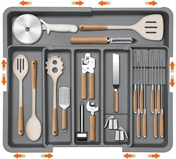 Drawer Organiser With 4-Sided Expandable | Organiser 6 Compartment, Movable Knife Organizers For Kitchen And Tray,Forks, Knives And Gadgets (grey)