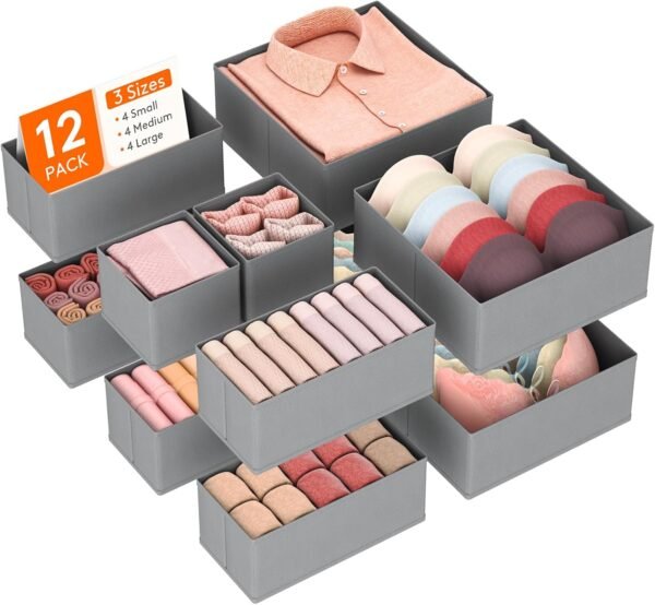 12 Pack Drawer Organiser,Collapisble Fabric Chest of Draw Dividers for Closet, Dresser, Nursery, Bedroom, Foldable Cube Boxes for Clothes, Pants, Underwear, Sock, Bras Organization, Light Grey | Folda
