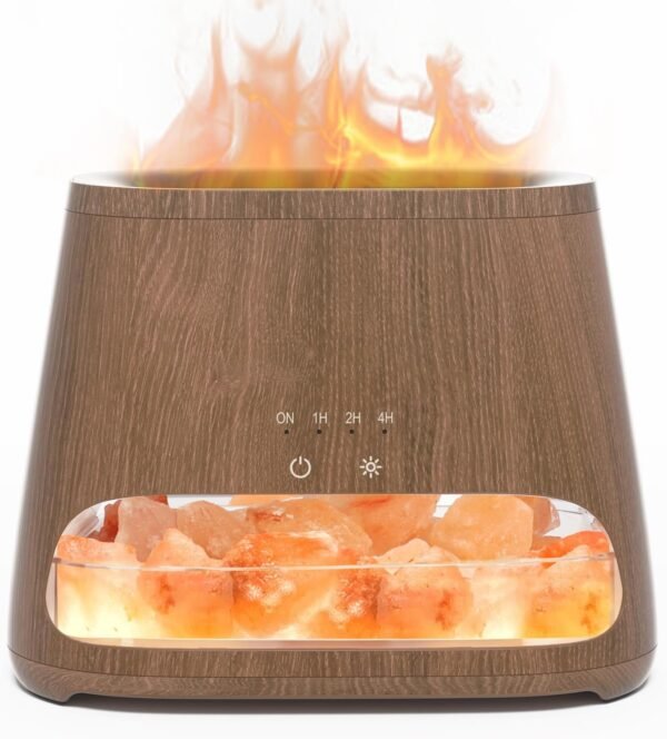 2-in-1 Essential Oil Diffuser & Crystal Himalayan Salt Lamp, Ultrasonic Aromatherapy Diffuser with Timer Setting, Cool Mist, Flame Effect, Night Light, 150ml (Dark Wood Grain, Warm Light)