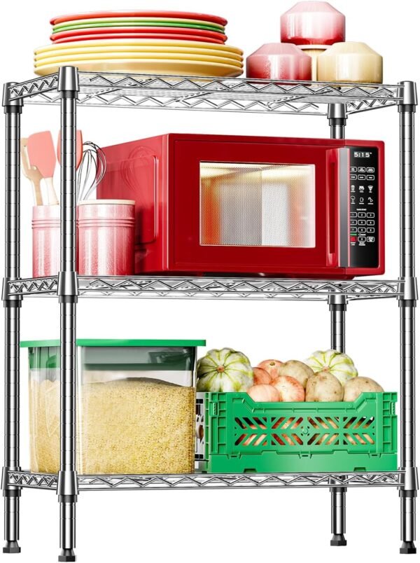 3-Tier Heavy Duty Steel Storage Shelves, Metal Shelf Wire Shelving Rack for Pantry, Kitchen, Home or Office Organization (35L x 75W x 90H cm, 750LBS, Chrome)