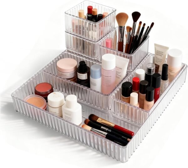 Drawer Organizers Bins: 7 PCS Stackable Makeup Drawer Organizer Trays,3 Size Plastic makeup divider,Drawer Storage Containers,Drawer Dividers for for Vanity,Bathroom,Desk,Office, Bedroom