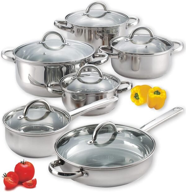 N Home Kitchen Cookware Sets, 12-Piece Basic Stainless Steel Pots and Pans, Silver | Stay-cool handle, induction compatible, dishwasher and oven safe
