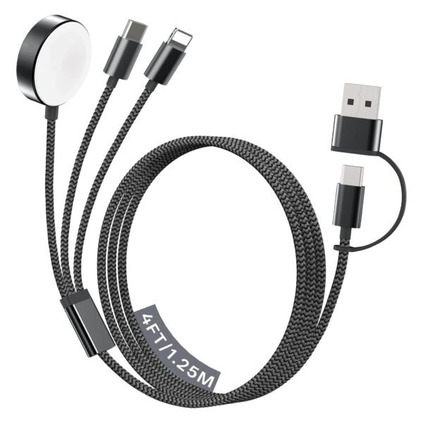 Travel Essentials for Apple Watch Charger,3 in2 USB C Cable Cord Compatible | with iPhone 17-15 Series/iWatch Ultra/for Lightning/Galaxy S25-20,1.25M/4FT Black Multi Charging Cable for iPhone Charger