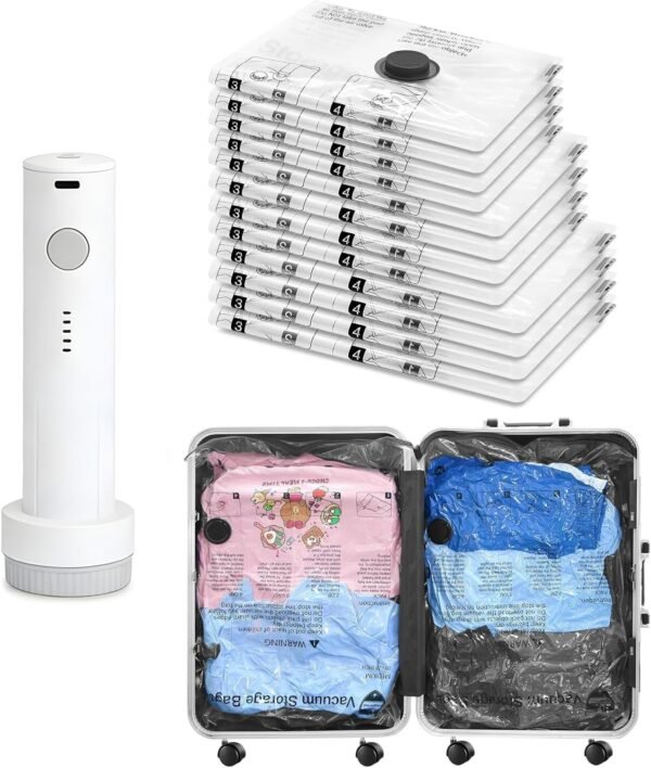 12 Pack Reusable Vacuum Storage Bags with Cordless Electric Pump, 4 Large/4 Medium/4 Small, Carry-on Size Travel Space Saver for Luggage, Clothes, Clothing, Suitcase, Backpack
