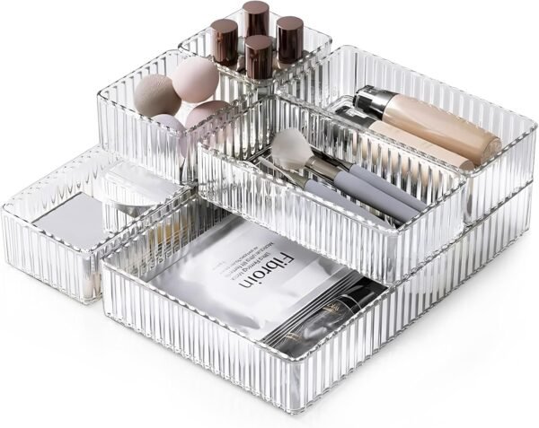 7 PCS Clear Drawer Organizers Bins, 4-Size Makeup Organizer Trays | Stackable, Non-slip, Thickened Plastic, Desk Drawer Storage Containers for Kitchen Bathroom Office