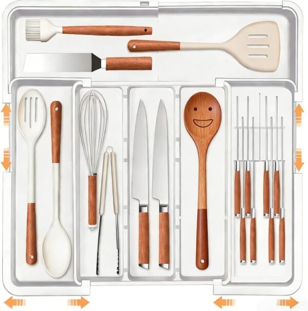 Cutlery Drawer Organiser, Expandable Utensil Drawer Organiser for Kitchen, 3-sided Cutlery Organiser, Adjustable Cutlery and Flatware Tray, Kitchen Spatula Tools & Gadgets Storage Divider