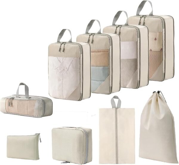 9 Pcs Compression Packing Cubes with Mesh,Lumobrilla Travel Packing Cubes Set,Travel Organisers for Carry On Suitcases,Expandable Storage for Luggage Suitcases Travel Accessories,Set of 9,Beige