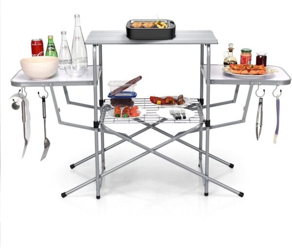 Folding Camping Table with Carry Bag, Folding BBQ Table Grilling Stand with Storage Lower Shelf and Hook, Outdoor Portable Cook Station Table Quick Setup for BBQ Party, Camping, Picnics
