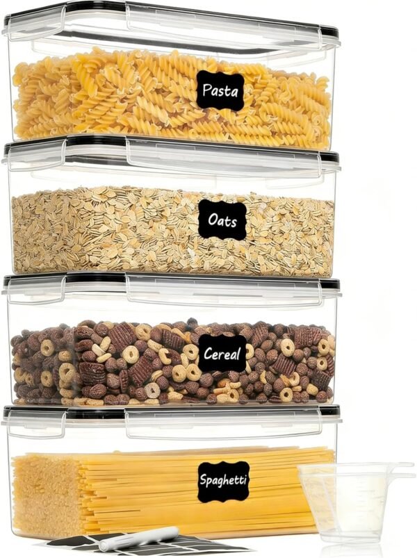 Food Storage Containers with Lids, 4 Pack 3.2L Plastic Spaghetti Canisters for Pasta Organizer, Reusable Air Tight Kitchen Pantry Organization for Snacks Grains Fruits Vegetables