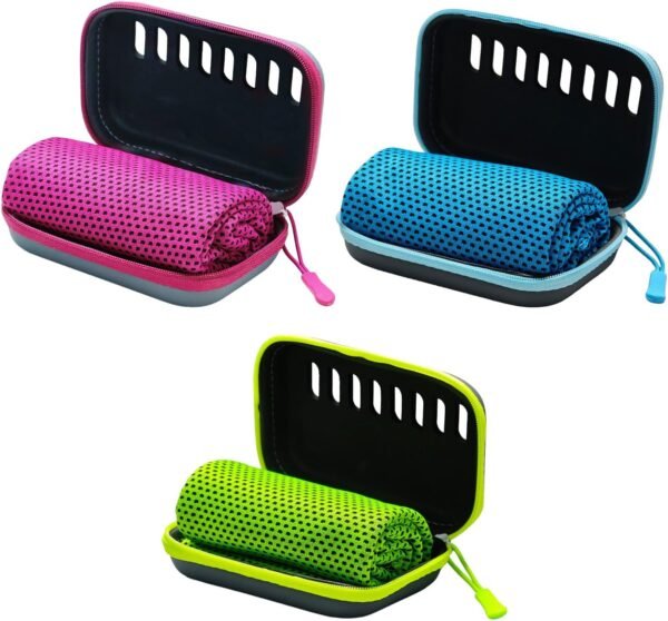 3-Pack Instant Cooling Towels with EVA Case (80x30cm, 3 Colors) | Reusable Ice Silk Neck Wraps, Activate with Water for Gym Surf and Outdoor Sports, Portable Chill Towels in Blue Green Pink