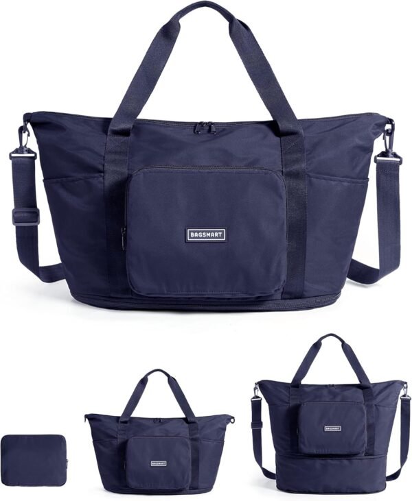 Foldable Travel Bag, 37L Duffle Bag for Travel, Expendable Carry on Weekender Duffel, Lightweight Personal Item Bag, Navy Blue