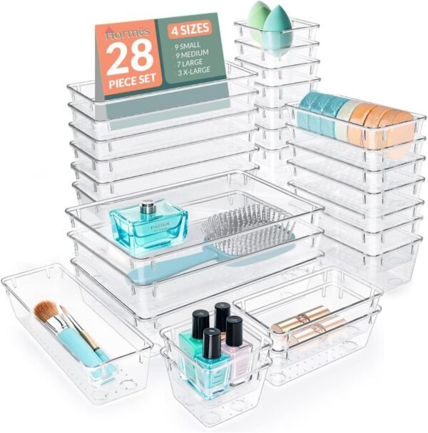 28pcs Drawer Organisers Set, 4 Sizes Clear Plastic Drawer Organizer & Vanity Organiser for Makeup & Jewelry Storage, Kitchen Utensils & Gadgets, Desk Supplies, Bathroom & Bedroom Organisation