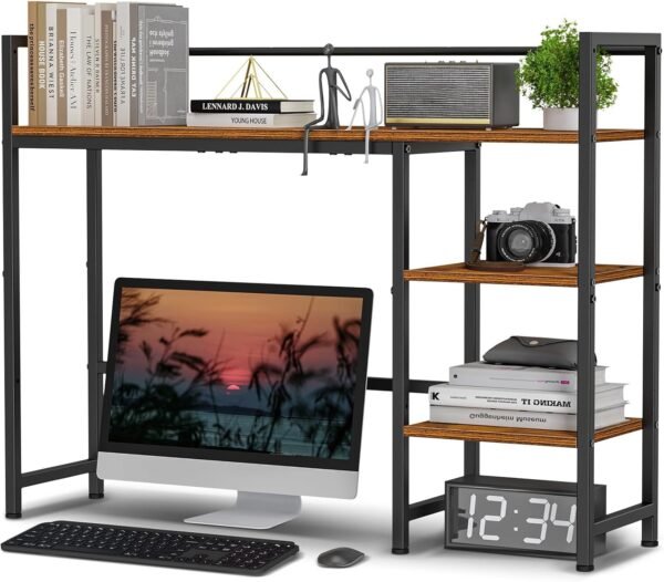 4 Tier Desk Shelf, 100 cm Desktop Organizer Shelf, Desk Hutch for Computer Monitor, 4 Tier Desktop Display Rack, Wood Bookshelf Storage Rack for Home Office Dorm (Rustic Brown, 100 CM)