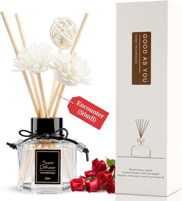 Reed Diffuser 50ml, Romantic Floral & Woody Home Scent | Natural Non-Toxic Essential Oil with 6 Sticks | Long-Lasting Air Freshener for Bedroom Living Room Gift