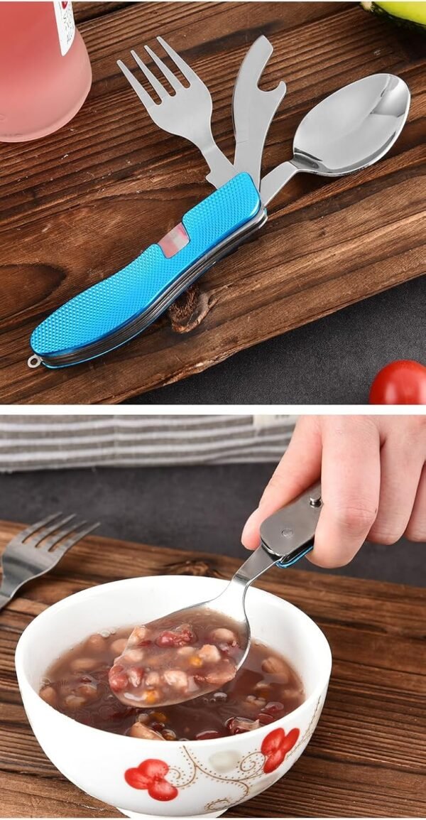4-in-1 Camping Utensils, Portable Stainless Steel Spoon, Fork, Knife & Bottle Opener Combo Set - Travel, Backpacking Cutlery Multitool