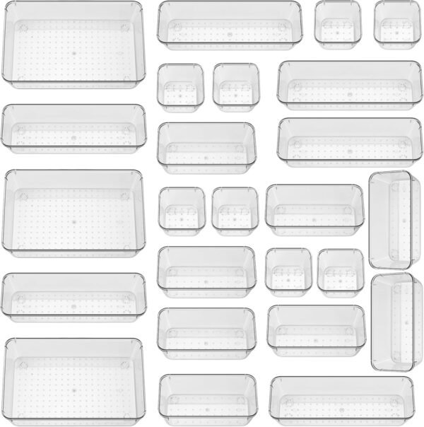 25 Pcs Acrylic Drawer Organisers, 4 Sizes | Clear, Plastic, Non-Slip, for Makeup, Desk, Bathroom, Vanity, Countertop