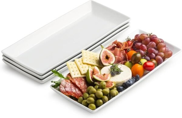 Porcelain Serving Platter Rectangular Plate/Tray for Party, 14-Inch Large White Microwave and Dishwasher Safe Set of 4