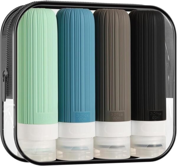 Bear Travel Bottles for Toiletries, Tsa Approved 3oz Portable Travel Bottles, BPA Free Leak Proof Squeezable Silicone Travel Size Containers, Travel Accessories with Clear Toiletry Bag (4 Pack)