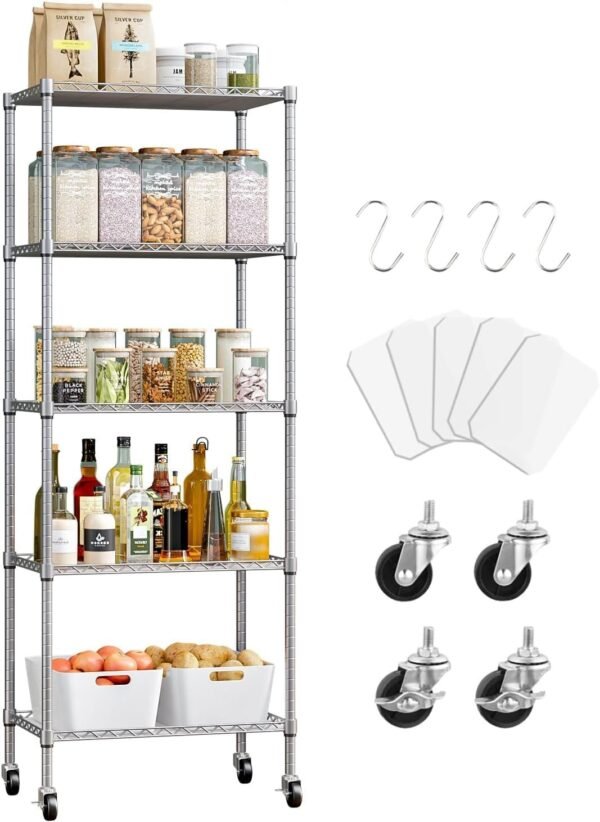 5 Tier Shelving Unit Adjustable Storage Shelf Metal Storage Rack Wire Storage Shelves with Heavy-Duty Rubber Metal Wheels for Laundry Bathroom Kitchen Pantry Closet (Silvery, 5 Tier)