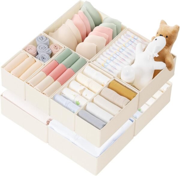 Drawer Organizer Clothes, 10 Pack Dresser Organizer for Baby Clothes, Underwear, Sock- Foldable Closet Organization and Storage Dividers Bins for Nursery, Bedroom (Beige)